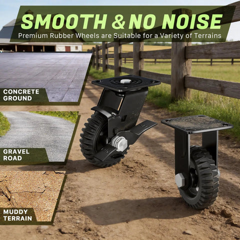 Built Bullet Proof Five Inch Solid Rubber Caster Wheels With Knockout Step On Brake Locks and Smooth Rolling Knobby Treads on various terrains.