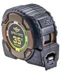 Kickin Tough 35 Foot Tape Measure Featuring Double Sided Blades And Grippy Magnetic Hook Military Hardened Composite Shell, close-up view.