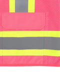 Detailed view of Fly High Vis Mesh Safety Vest For Crews Ansi Type O Class 1 Reflective Tape lightweight pink pullover, showcasing pocket and reflective bands.