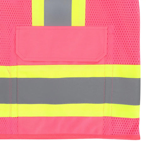 Detailed view of Fly High Vis Mesh Safety Vest For Crews Ansi Type O Class 1 Reflective Tape lightweight pink pullover, showcasing pocket and reflective bands.
