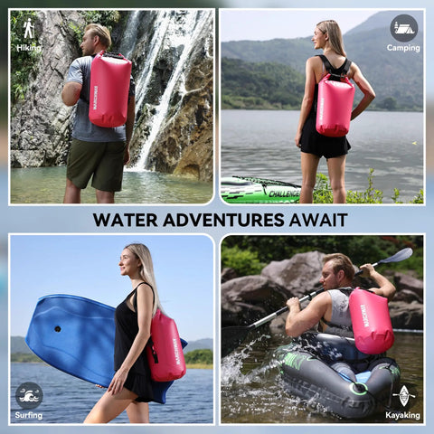 People using Floating Waterproof Dry Bag Backpack 10L Pink For Kayaking Rafting Boating in various outdoor activities