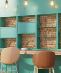 Copper Brown Faux Brick PVC 3D Wall Panels Pack Of 10 For Quick Accent Wall Makeover DIY Friendly Realistic Brick Texture 3.3 Ft By 2 Ft Each Interior Design Wall Paneling Decor installed in a modern room with teal shelving and lighting