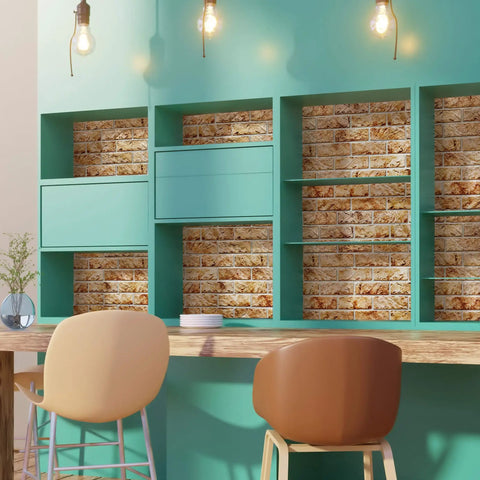 Copper Brown Faux Brick PVC 3D Wall Panels Pack Of 10 For Quick Accent Wall Makeover DIY Friendly Realistic Brick Texture 3.3 Ft By 2 Ft Each Interior Design Wall Paneling Decor installed in a modern room with teal shelving and lighting