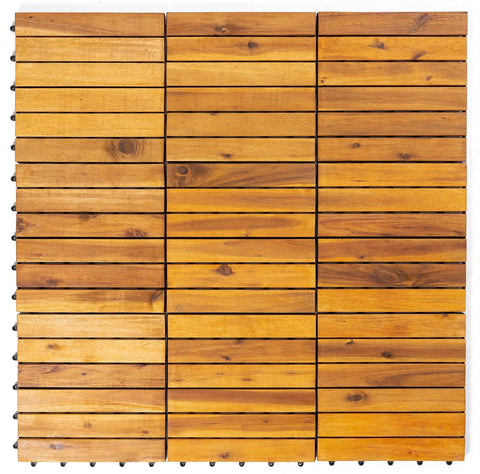 Top view of 12x12 Inch Solid Wood Interlocking Flooring Tiles Pack Of 9 In Real Acacia Hardwood For Indoor Outdoor Use Waterproof All Weather Deck