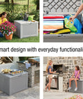 Heavy Duty Resin Outdoor Storage Deck Box 74 Gallon Weatherproof Gray in patio and yard settings with open and closed lid