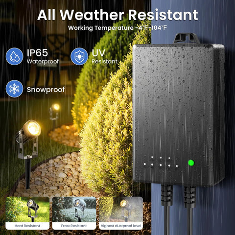 Outdoor Low Voltage Landscape Lighting Kit With 8 Lights 60W Transformer waterproof feature with garden backdrop.