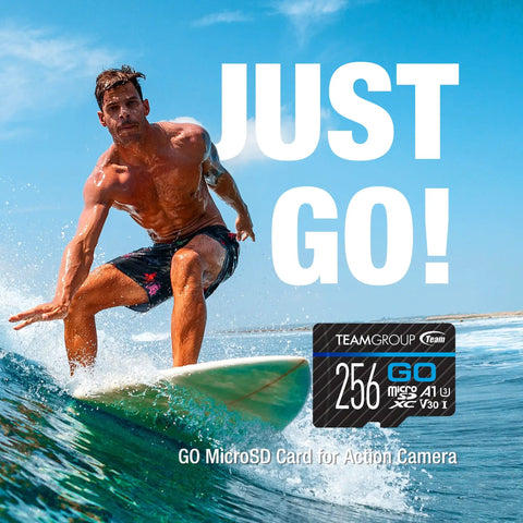 Surfer riding a wave with 256GB MicroSDXC UHS I U3 V30 Memory Card for Action Cameras and Drones with Adapter visible