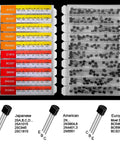 250Pc Assorted TO92 Transistors Kit With 10 Models NPN PNP Bipolar Power Transistors displayed in labeled compartments.