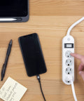 Four Outlet Power Strip With 1.5 Foot Extension Cord Twist To Lock Safety Covers Built In Circuit Breaker UL Listed White