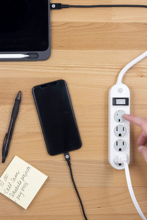 Four Outlet Power Strip With 1.5 Foot Extension Cord Twist To Lock Safety Covers Built In Circuit Breaker UL Listed White