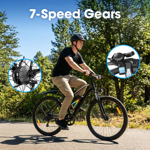 Rider on All Terrain Electric Mountain Bike With 1000W Peak Power, 7 Speed Shifting, showing 26 Inch Wheels and gear details.