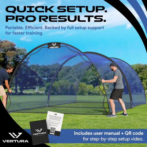 22 Ft By 12 Ft By 8 Ft Baseball And Softball Batting Cage With Easy Setup shown in backyard with blue netting and steel frame.