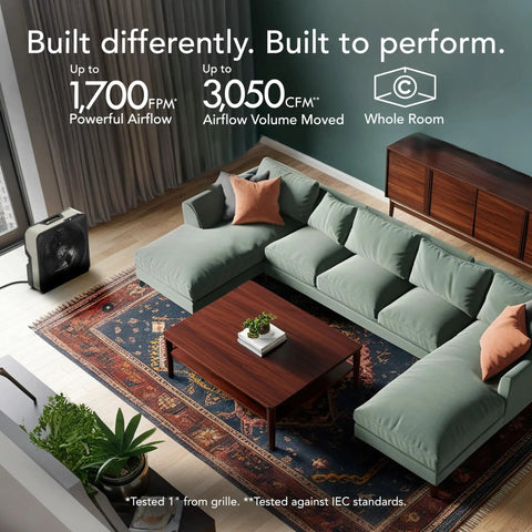 High Velocity Box Fan with Kick Stand, Digital Display, Removable Grille near modern sectional sofa in a living space.