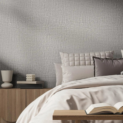 Bedroom with Grasscloth Peel And Stick Wallpaper Self Adhesive 15.7 Inch By 787.4 Inch Light Gray Faux Linen Vinyl Wall Cover behind bed