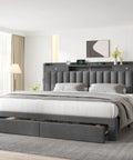 Top Shelf King Size Bed Frame With Four Sleek Rolling Storage Drawers And Wing Headboard In Charcoal Dark Grey with USB ports and stylish upholstery.
