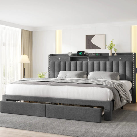Top Shelf King Size Bed Frame With Four Sleek Rolling Storage Drawers And Wing Headboard In Charcoal Dark Grey with USB ports and stylish upholstery.