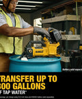 Man using Cordless 20V Max Transfer Pump With 10 GPM Capacity, Ultra Lightweight Pro Grade Pump For HVAC And Refrigeration Jobs, Beast Mode Fast Fluid Transfer, No Battery Or Charger Included on a barrel in a workshop.