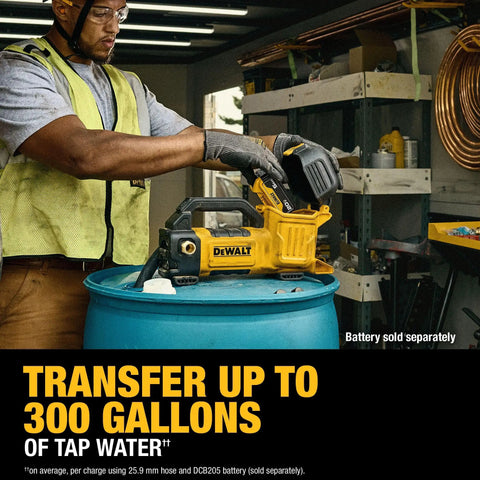 Man using Cordless 20V Max Transfer Pump With 10 GPM Capacity, Ultra Lightweight Pro Grade Pump For HVAC And Refrigeration Jobs, Beast Mode Fast Fluid Transfer, No Battery Or Charger Included on a barrel in a workshop.