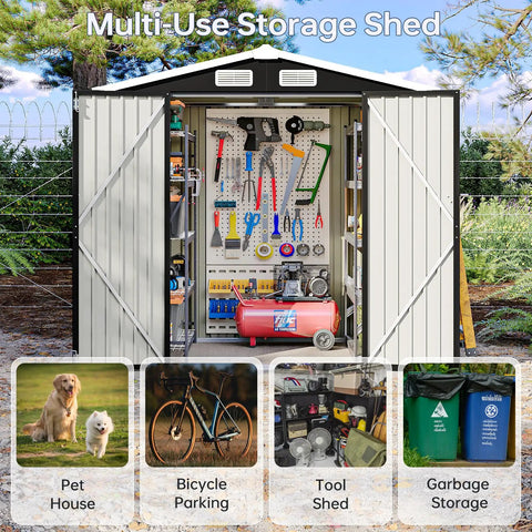 Beefy 6x4 Ft Outdoor Storage Shed For Metal Garden Tools With Sloped Roof And Lockable Door, showcasing interior tool organization.
