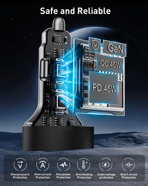 Diagram of 90W 4 Port Car Charger With USB C And USB A Fast Charge Dual USB C PD3.0 And USB A QC3.0, showing internal components.