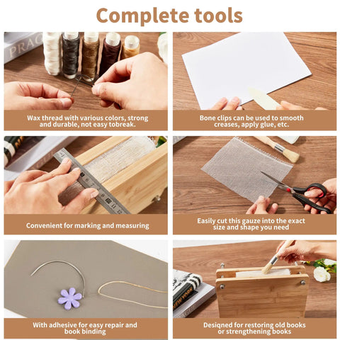 50 Piece Book Binding Kit For Newbies Complete DIY Set With Tools And Clear Instructions showing tools like needles, wax thread, and awl