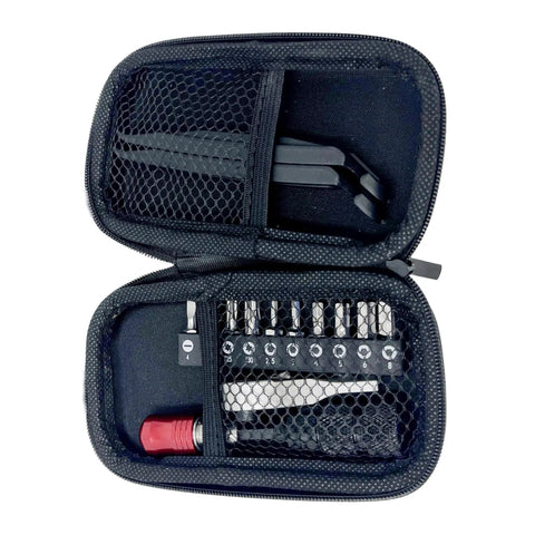 Open case of Compact Bicycle Tool Kit With Multi Bit Set 2.5mm 3mm 4mm 5mm 6mm 8mm Bits Philips Flat Torx T25 T30 Quick Release Ratchet