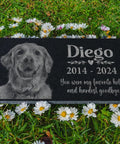 Personalized Pet Memorial Stone With Photo For Dogs And Cats Custom Headstone And Garden Marker With Image For Remembrance Engraved Puppy And Kitten Memorial Plaque For Cremation. Black granite stone with engraved dog photo and text, surrounded by daisies.
