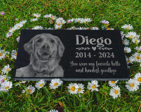 Personalized Pet Memorial Stone With Photo For Dogs And Cats Custom Headstone And Garden Marker With Image For Remembrance Engraved Puppy And Kitten Memorial Plaque For Cremation. Black granite stone with engraved dog photo and text, surrounded by daisies.