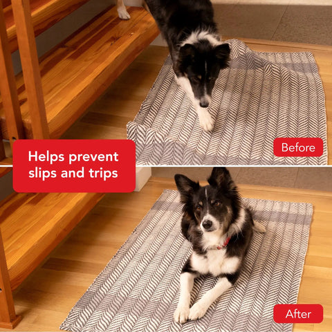 Dog on rug using Double Sided Non Slip Carpet Tape For Area Rugs And Runners That Delivers A Residue Free Long Lasting Bond And Easy Reuse