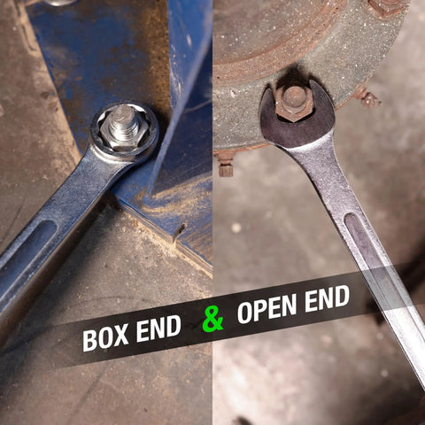 Box and open end of Beefy Jumbo SAE Wrench Set Heavy Duty 1-1/16 Inch To 1-7/16 Inch With 12 Point Box End Wrenches shown in use