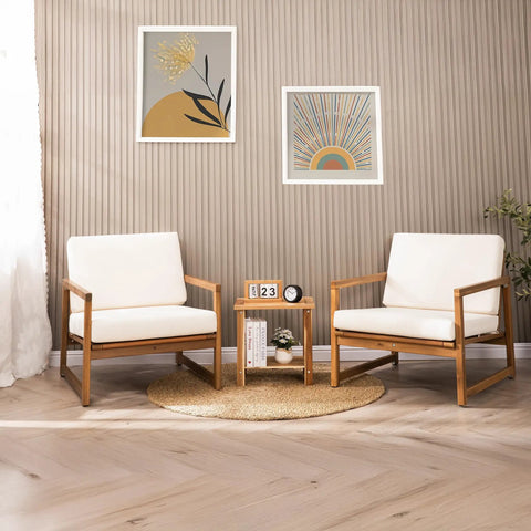 Solid Acacia Wood Side Table With Two Tier Storage For Indoor And Outdoor Use No Fuss Assembly End Table For Living Room And Patio Weather Resistant Light Natural Rustic Finish between two chairs
