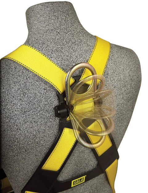 No-Tangle Full Body Safety Harness With Back D-Ring, Tongue Buckle Leg Straps, 2X-Large Navy And Yellow, rear view on mannequin