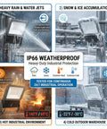 200W LED Flood Light Outdoor Ultra Bright 20000LM 6500K Daylight White IP66 Waterproof shown in varying weather conditions
