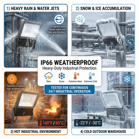 200W LED Flood Light Outdoor Ultra Bright 20000LM 6500K Daylight White IP66 Waterproof shown in varying weather conditions