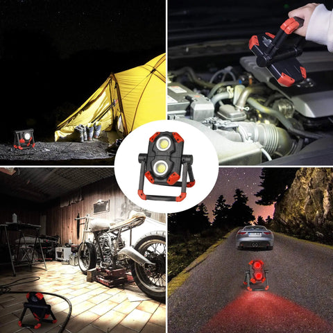 Rechargeable LED Work Light Two Pack With 2500 Lm Dual COBs folding, magnetic base, used in camping, auto repair, workshop, road lighting