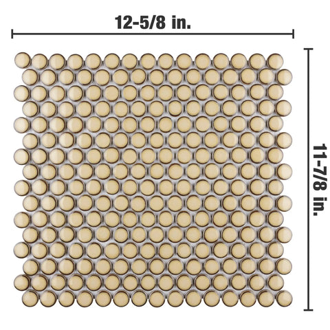 Hudson Penny Round Caffe Porcelain Mosaic Tile 11-7/8 In By 12-5/8 In Mesh Mounted Go-To Floor And Wall Tile with precise dimensions shown