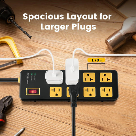 Heavy Duty Eight Outlet Power Strip With Twenty Amp Surge Protection and Six Foot Twelve Gauge Extension Cord for Workshop Garage and Kitchen Use 1960J Safety Shield with plugs and tools on wooden surface