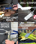 18 Inch 3 In 1 Barbecue Tool With Long Tongs Spatula And Grill Scraper, Blue, used for grilling, scraping, bottle opening, and secure grabbing