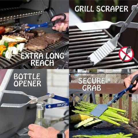 18 Inch 3 In 1 Barbecue Tool With Long Tongs Spatula And Grill Scraper, Blue, used for grilling, scraping, bottle opening, and secure grabbing