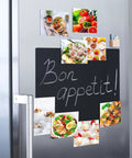 Flexible magnetic sheets displaying colorful food photos on a fridge, Pack Of 25 Non Adhesive Flexible Magnetic Sheets For Arts And Crafts