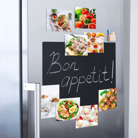 Flexible magnetic sheets displaying colorful food photos on a fridge, Pack Of 25 Non Adhesive Flexible Magnetic Sheets For Arts And Crafts