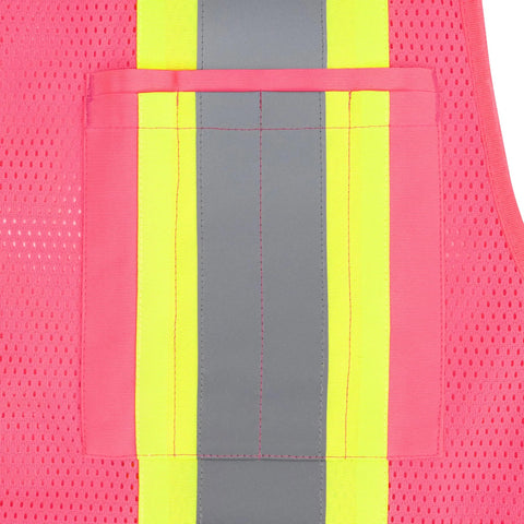 Close-up of pink mesh safety vest pocket, featuring reflective tape, for Fly High Vis Mesh Safety Vest For Crews Ansi Type O Class 1.