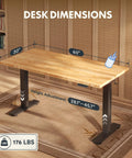 Adjustable Height Solid Bamboo Standing Desk 60 By 30 Inches With Sturdy Black Steel Frame showing dimensions and height adjustment.