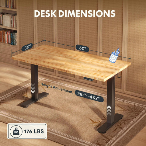 Adjustable Height Solid Bamboo Standing Desk 60 By 30 Inches With Sturdy Black Steel Frame showing dimensions and height adjustment.