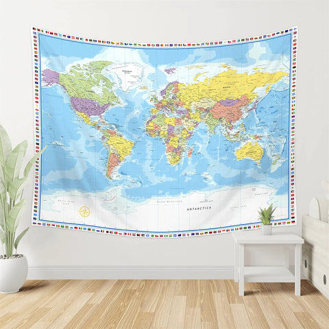 World Map Tapestry Wall Hanging For Kid Friendly Classrooms With Country Flags Educational Geography Wall Art 60x80 Inches