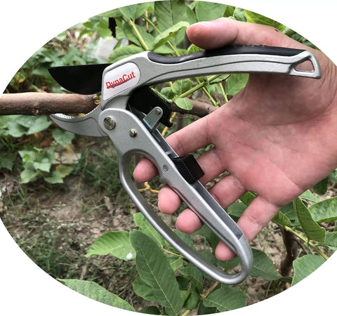 Ratcheting Pruning Shears 8 Inch Heavy Duty Garden Pruner With Anvil Cutter for thick branches, soft non-slip grip in use
