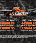 Hardcore Synthetic Soft Shackle and Recovery Ring Kit 66,000 lbs break strength, close-up of strength ratings, two pieces.