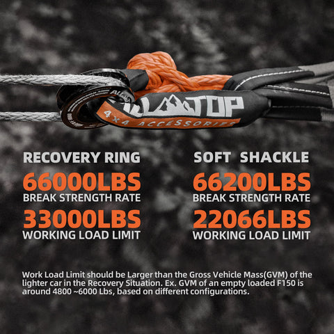 Hardcore Synthetic Soft Shackle and Recovery Ring Kit 66,000 lbs break strength, close-up of strength ratings, two pieces.