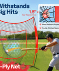 Baseball player hitting into Backyard Baseball And Softball Batting Net 7x7 Ft Backstop with red frame, showcasing durability.