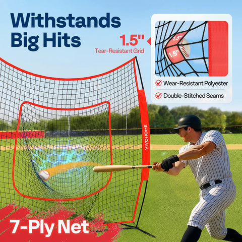 Baseball player hitting into Backyard Baseball And Softball Batting Net 7x7 Ft Backstop with red frame, showcasing durability.